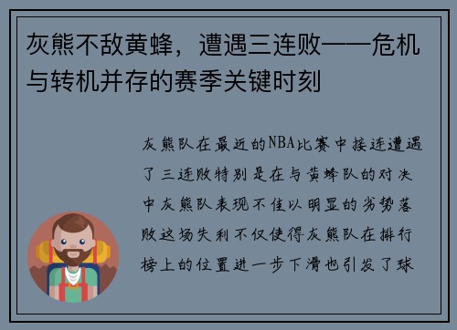 灰熊不敌黄蜂，遭遇三连败——危机与转机并存的赛季关键时刻